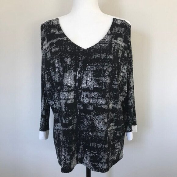 JOSEPH RIBKOFF 3/4 Sleeve Top Size 12 Black White Strap Shoulder Cuffs Stretchy - Picture 2 of 10